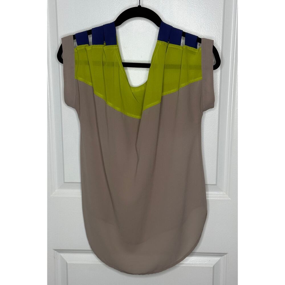 Lush Sz L Neon Green Taupe HiLo Hem Straps Cut Out Shoulders Lightweight | EUC